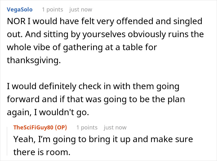 Online discussion about parents letting friends sit at main Thanksgiving table while son is placed at overflow table. Online discussion about parents letting friends sit at main Thanksgiving table while son is placed at overflow table.