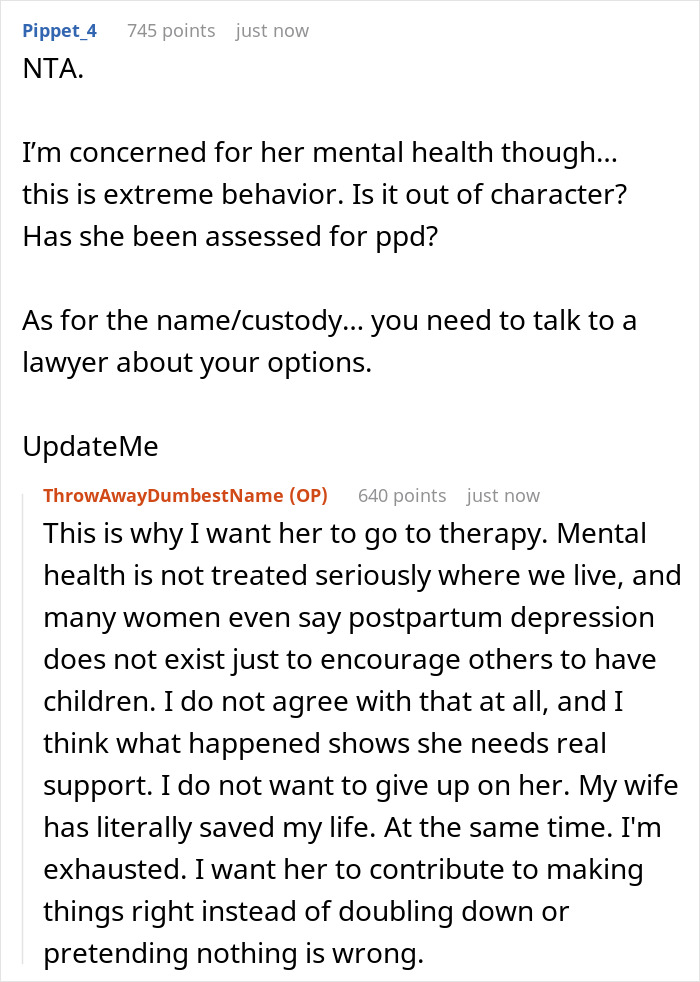 Reddit users discuss a couple on the verge of breakup over their newborn's bizarre name and escalating family tragedy.