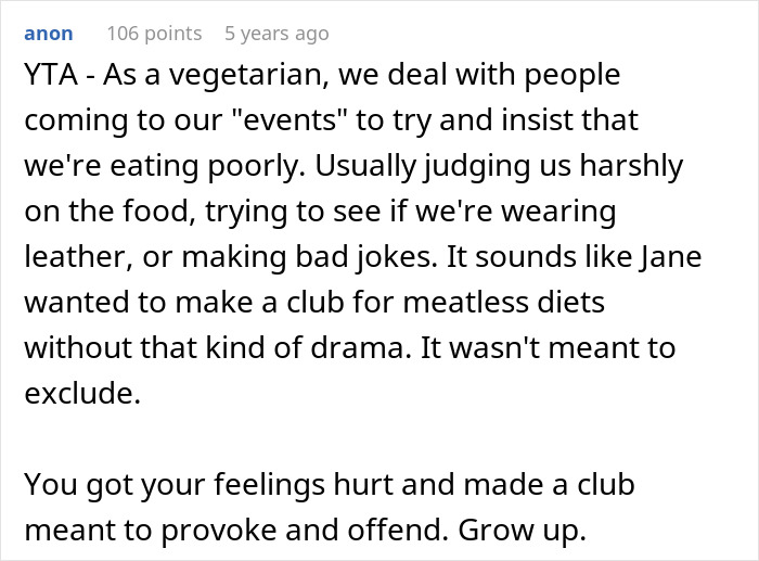 Comment discussing employee pushback against vegan-only club and starting a literal beef in a workplace conflict.