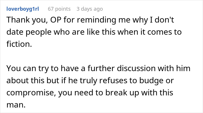 Reddit comment advising to break up with man who shames girlfriend for loving fiction, calling it make-believe and lowering IQ. Reddit comment advising to break up with man who shames girlfriend for loving fiction, calling it make-believe and lowering IQ.