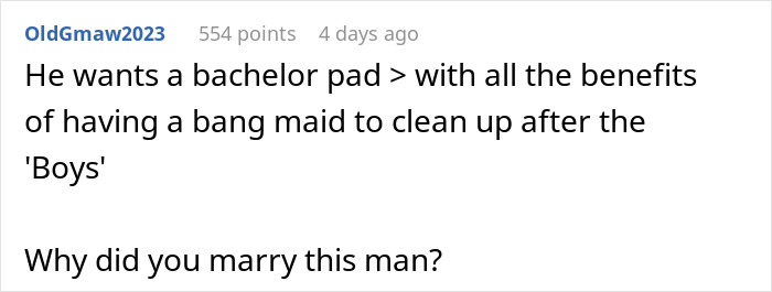 Comment discussing a woman shutting down boys’ nights at their house after they go too far, expressing frustration about his friends. Comment discussing a woman shutting down boys’ nights at their house after they go too far, expressing frustration about his friends.