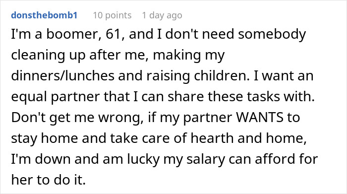 Comment from a toxic man venting about traditional wives and reacting defensively to challenges of his logic. Comment from a toxic man venting about traditional wives and reacting defensively to challenges of his logic.