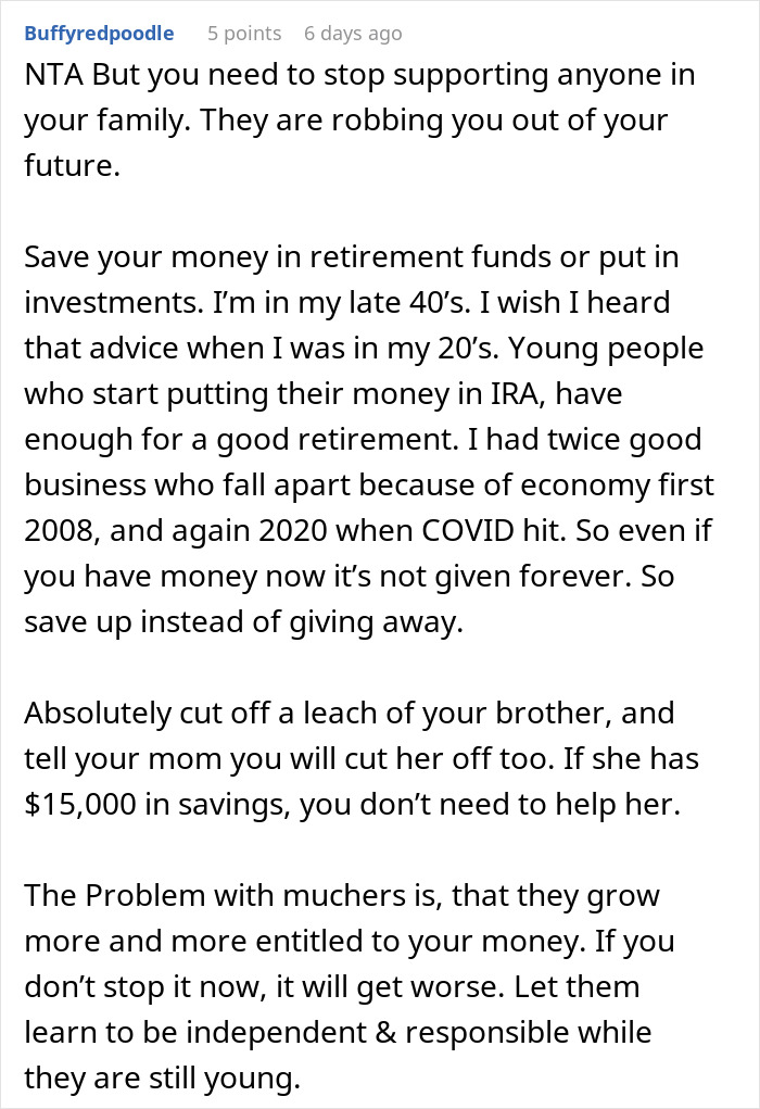 Reddit comment urging to stop giving brother money and protect wife and family finances Reddit comment urging to stop giving brother money and protect wife and family finances