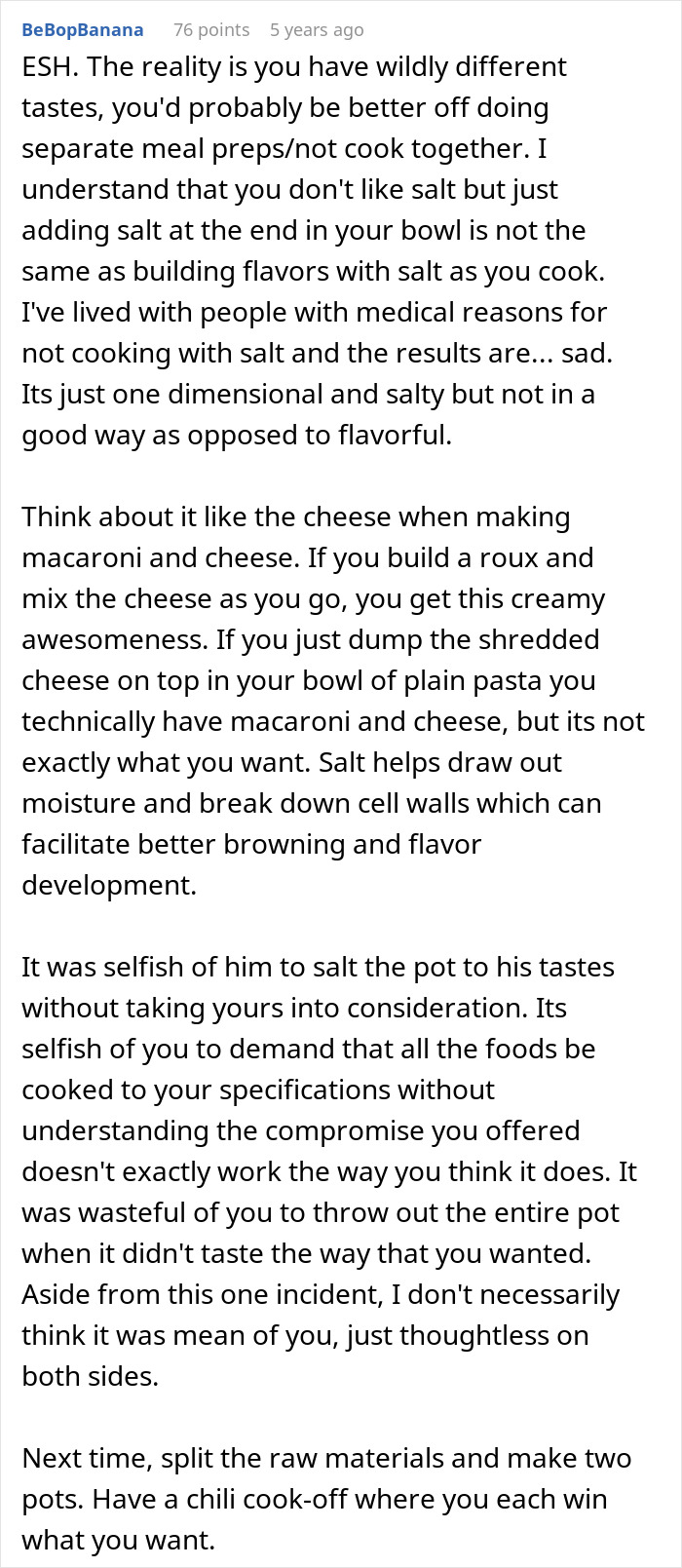 Text comment discussing relationship challenges over salting a pot of chili and rethinking relationship due to food preferences.