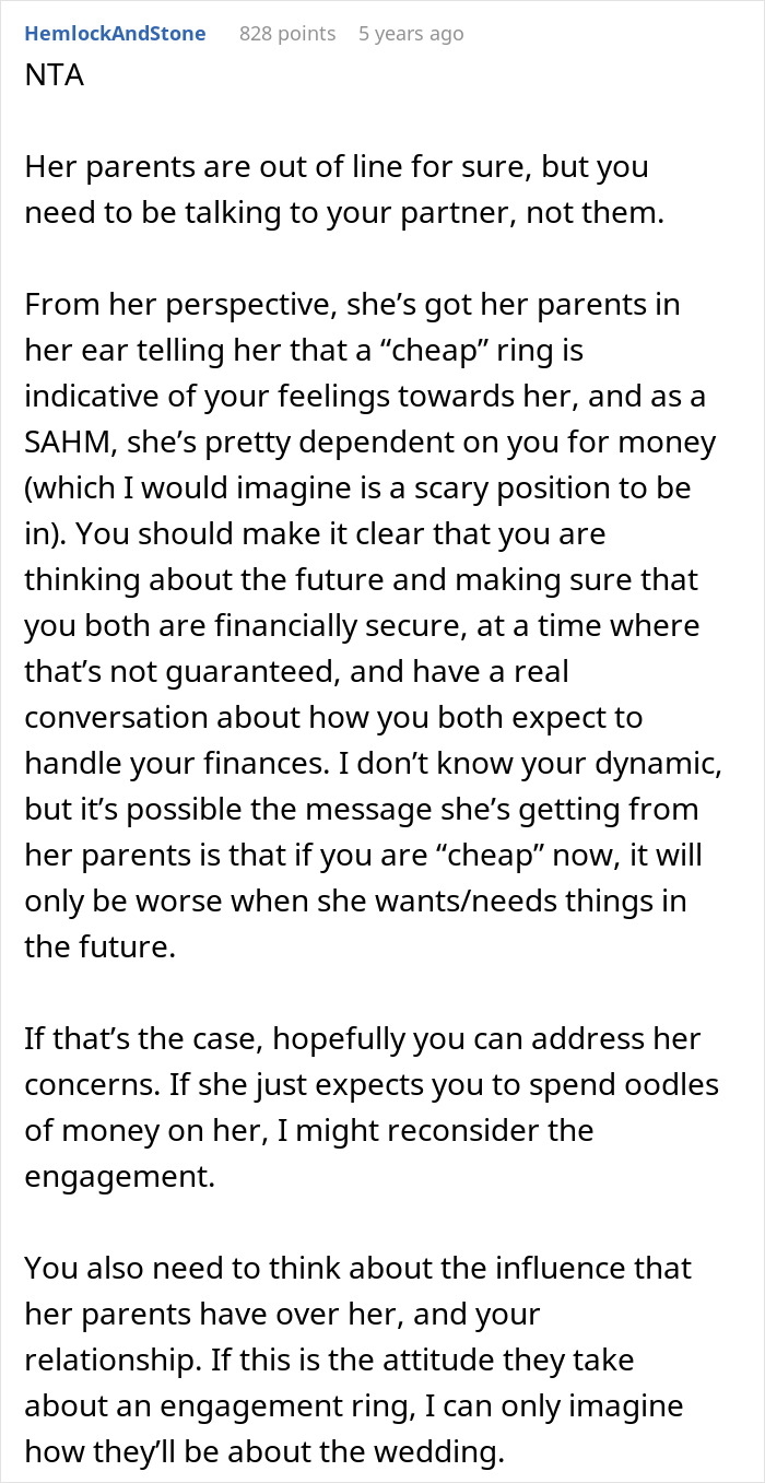 Text post discussing avoiding conflict with partner's parents about buying a costly engagement ring and financial concerns. Text post discussing avoiding conflict with partner's parents about buying a costly engagement ring and financial concerns.