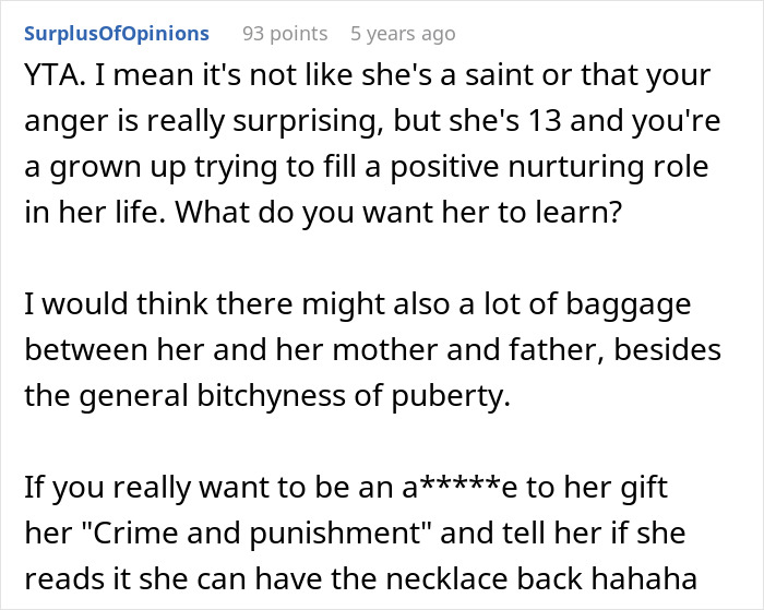 Comment discussing a 13-year-old's resentment toward dad's girlfriend and regret over not accepting her gift.