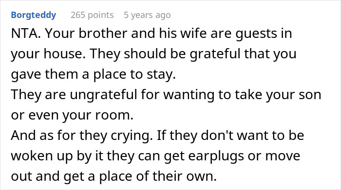 Comment discussing entitled behavior of brother and his wife while staying in woman's house, showing ungratefulness.