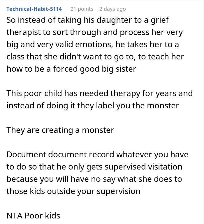 Comment discussing stepdaughter's behavior, therapy needs, and family dynamics affecting relationships and supervision decisions. Comment discussing stepdaughter's behavior, therapy needs, and family dynamics affecting relationships and supervision decisions.