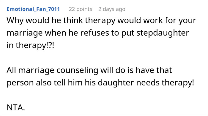 Screenshot of an online comment discussing therapy and stepdaughter behavior in a troubled marriage. Screenshot of an online comment discussing therapy and stepdaughter behavior in a troubled marriage.