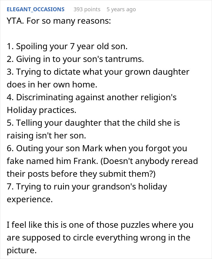 Reddit comment listing reasons why a dad spoiling his son by skipping Hanukkah gifts causes family conflict and tantrums.