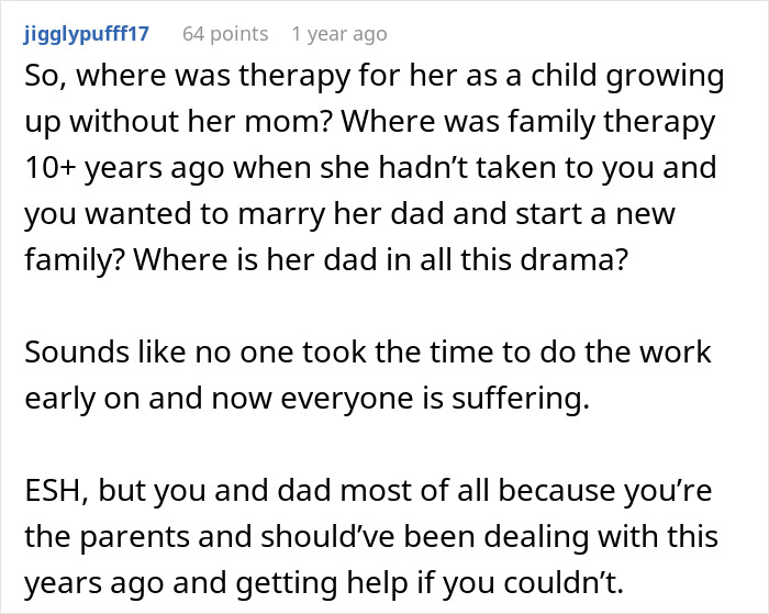 Comment discussing teenage hostility towards stepmom and family issues at dad's birthday party, highlighting unresolved conflicts.