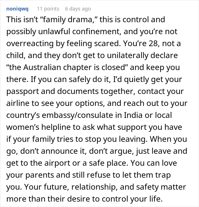 Text post discussing control and unlawful confinement in a parents’ place, offering advice on safety and escape options. Text post discussing control and unlawful confinement in a parents’ place, offering advice on safety and escape options.