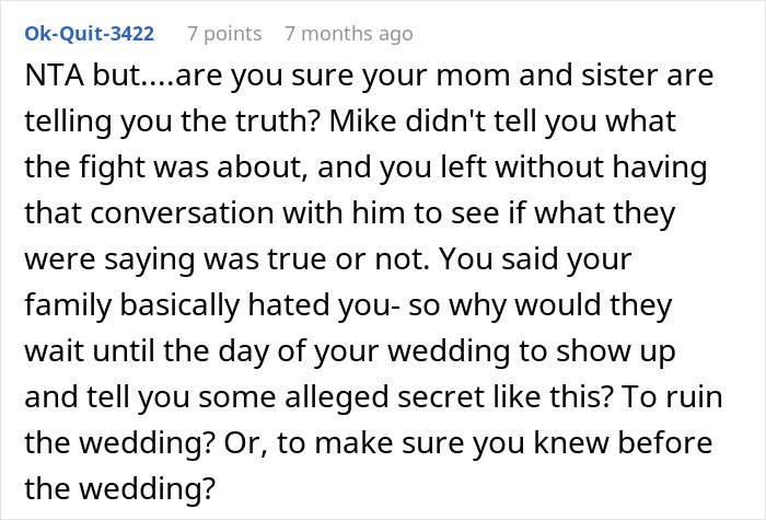 Comment discussing a bride's wedding drama after learning about the groom cheating with her mom. Comment discussing a bride's wedding drama after learning about the groom cheating with her mom.