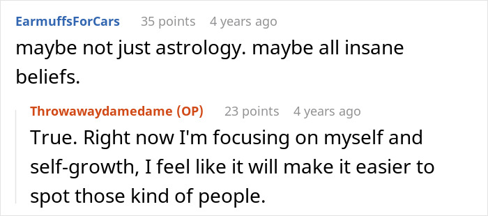 Online forum discussing a woman dumping her boyfriend for cheating with an astrology-obsessed friend and zodiac blame.