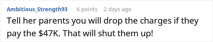 Screenshot of a comment discussing resolving a dispute by demanding $47K payment to drop charges, highlighting financial conflict in marriage. Screenshot of a comment discussing resolving a dispute by demanding $47K payment to drop charges, highlighting financial conflict in marriage.