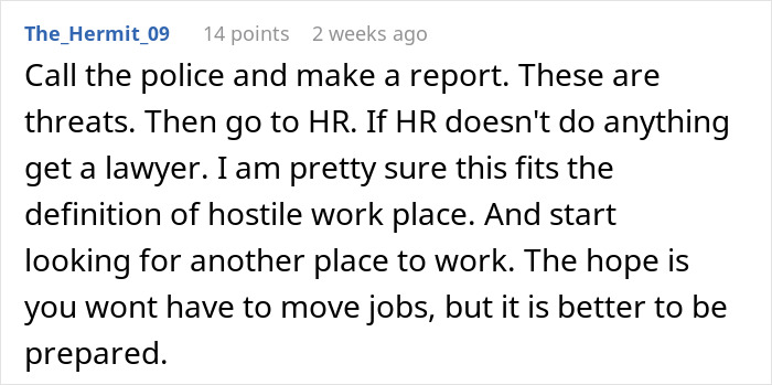 Alt text: Woman puts coworker on blast on social media advice about hostile workplace and HR action in forum comment.