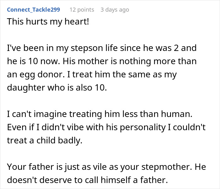 Reddit comment expressing pain about stepmother’s insecurity and unfair treatment of a stepson compared to her daughter. Reddit comment expressing pain about stepmother’s insecurity and unfair treatment of a stepson compared to her daughter.