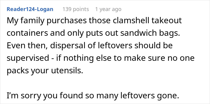 Screenshot of a forum comment about Thanksgiving host shock and the family clearing leftovers from the fridge.