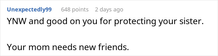 Comment on Reddit discussing protecting a sister and suggesting a mom needs new friends during Christmas dinner. Comment on Reddit discussing protecting a sister and suggesting a mom needs new friends during Christmas dinner.