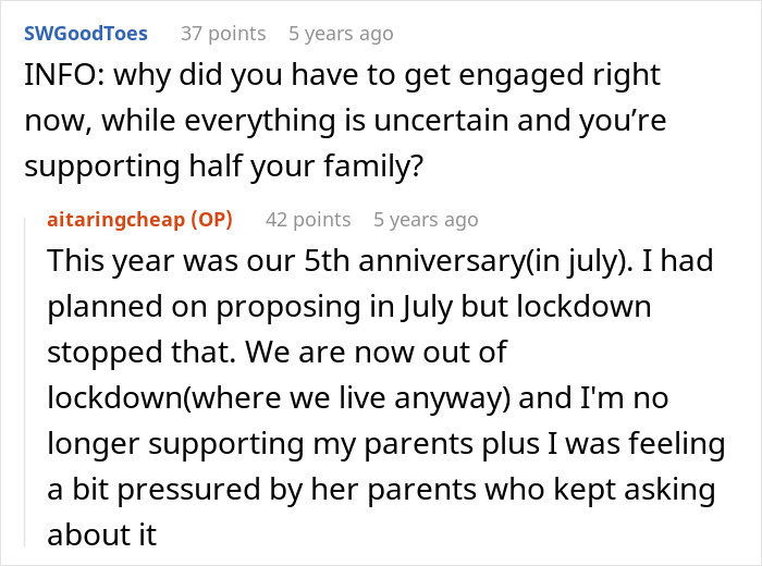 Screenshot of a discussion about the reasons to refuse buying engagement ring during uncertain times. Screenshot of a discussion about the reasons to refuse buying engagement ring during uncertain times.