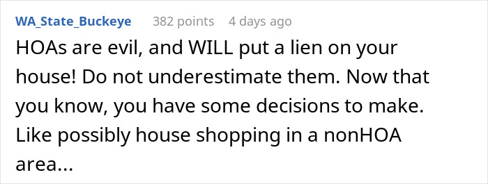 Comment warning about HOA fines and risks of living in a community with strict homeowners association rules.