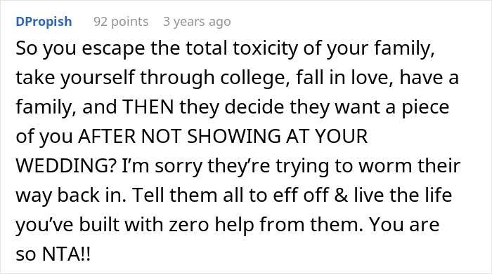 Screenshot of a Reddit comment about escaping family toxicity and being disowned by parents over a wedding no-show. Screenshot of a Reddit comment about escaping family toxicity and being disowned by parents over a wedding no-show.