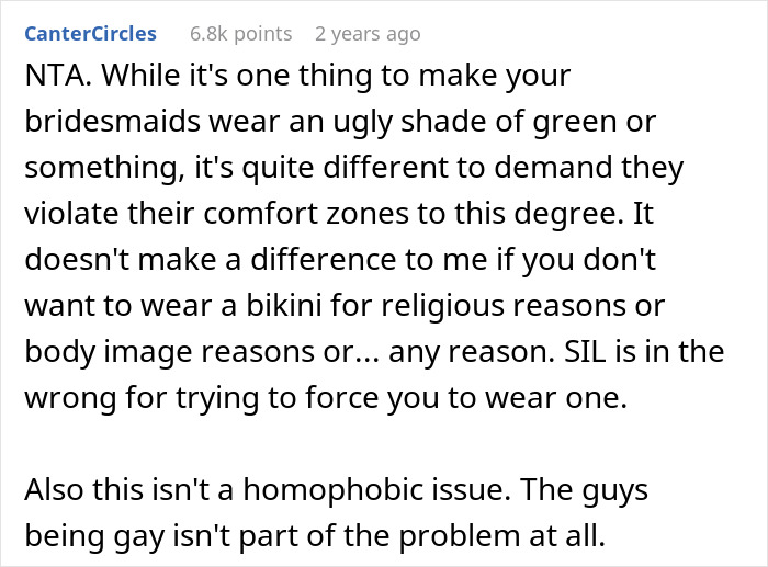 Comment discussing family conflict over Muslim daughter-in-law refusing to wear bikini at bridal party for religious reasons. Comment discussing family conflict over Muslim daughter-in-law refusing to wear bikini at bridal party for religious reasons.
