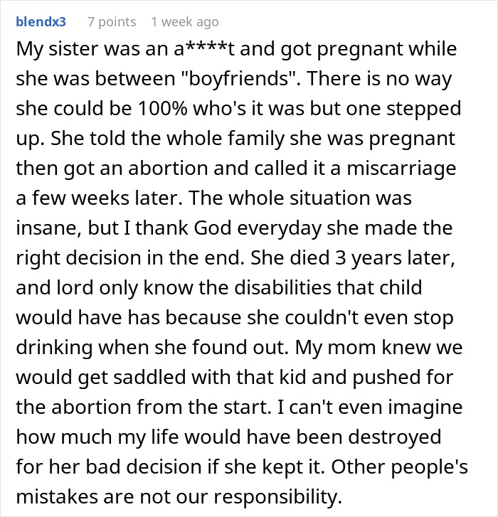 Comment from childfree woman refusing responsibility for her sister’s new baby, discussing family conflict and choices.