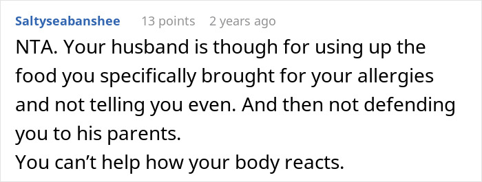 Comment explaining husband using wife’s allergy-specific food without telling her, highlighting picky eater and family issues. Comment explaining husband using wife’s allergy-specific food without telling her, highlighting picky eater and family issues.