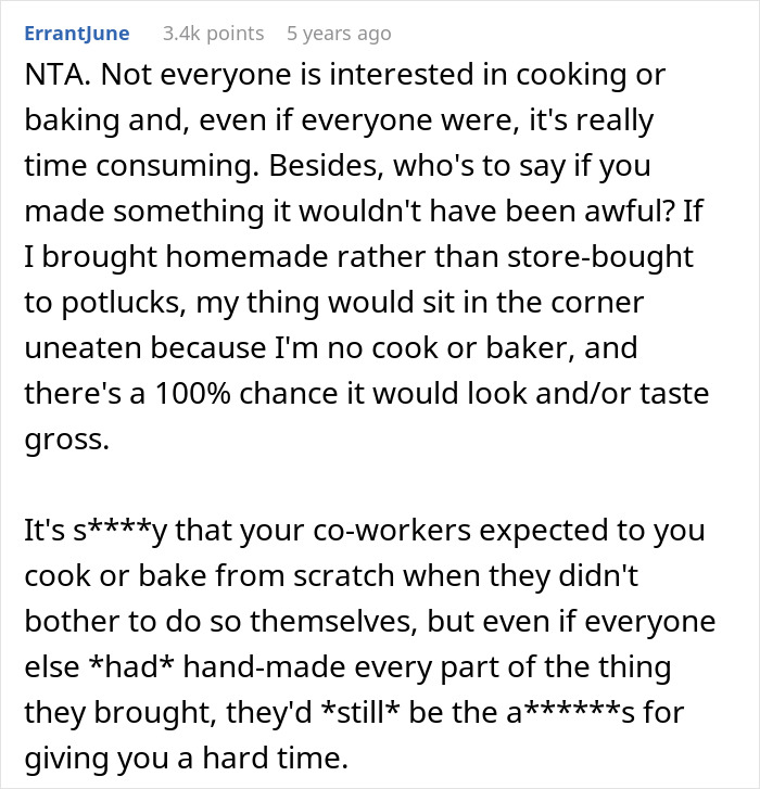 Reddit comment discussing the drama around bringing a store-bought dessert to an office potluck. Reddit comment discussing the drama around bringing a store-bought dessert to an office potluck.