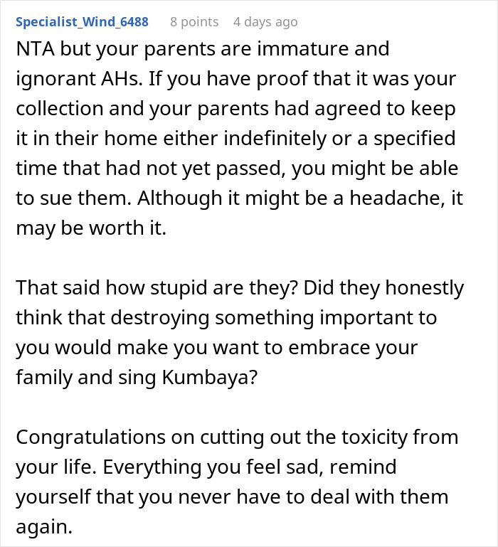 Comment about man cutting off parents after their revenge following his plans for a small wedding, discussing family conflict and toxicity.