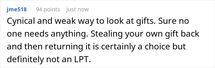 Screenshot of a Reddit comment debating if stealing your own white elephant gift and getting a refund is genius or rude. Screenshot of a Reddit comment debating if stealing your own white elephant gift and getting a refund is genius or rude.