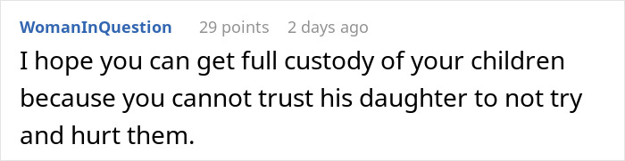 Comment expressing hope for full custody due to distrust of stepdaughter’s behavior and family conflict after years of marriage. Comment expressing hope for full custody due to distrust of stepdaughter’s behavior and family conflict after years of marriage.