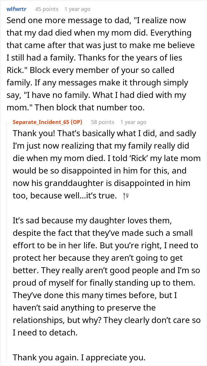 Reddit conversation showing a mom cutting contact over dad and stepmom planning Disney trip excluding her and her daughter.