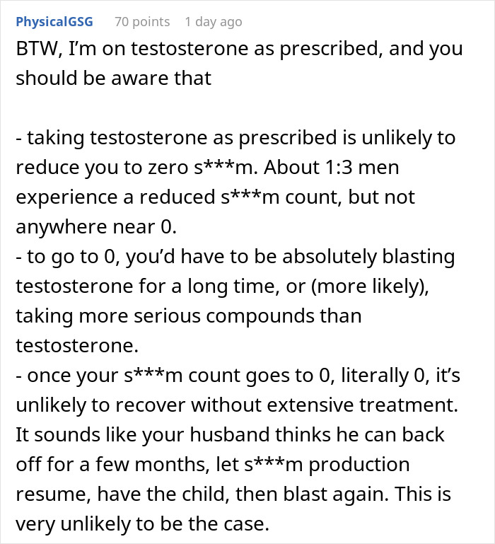 Comment explaining the impact of prescribed testosterone on s***m count and fertility risks for future children.