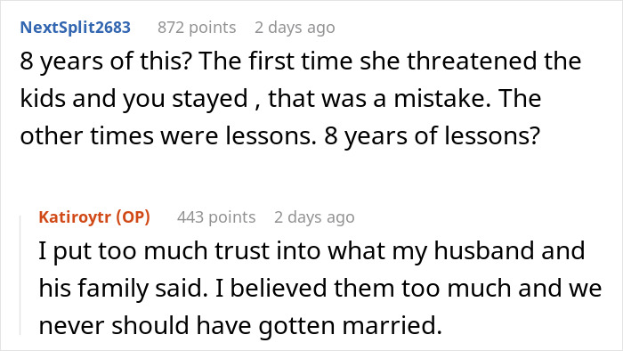 Online conversation about woman’s struggle with stepdaughter’s behavior and in-laws comments, leading to leaving husband. Online conversation about woman’s struggle with stepdaughter’s behavior and in-laws comments, leading to leaving husband.