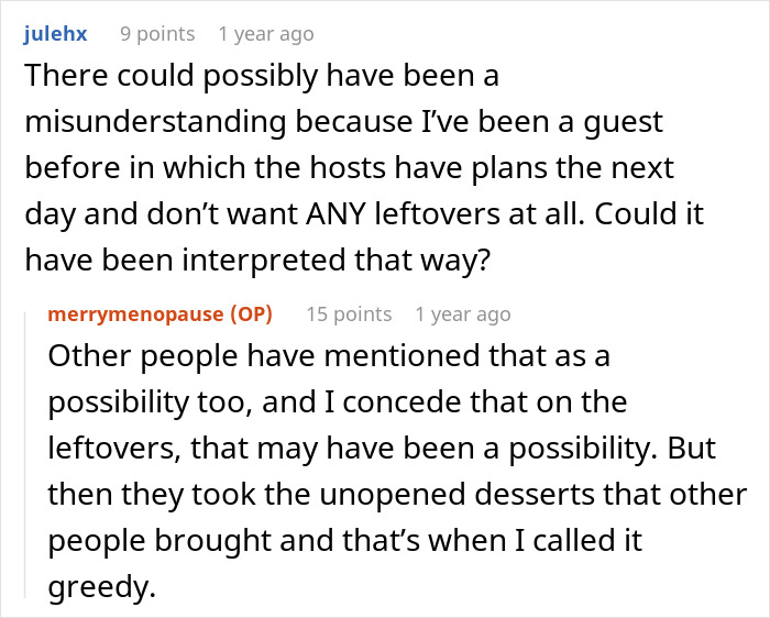 Reddit user discusses Thanksgiving host left with empty fridge after family clears leftovers, debating possible misunderstandings.