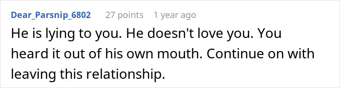 Comment warning a woman about her relationship, advising to leave after overhearing groom's unexpected revelations.