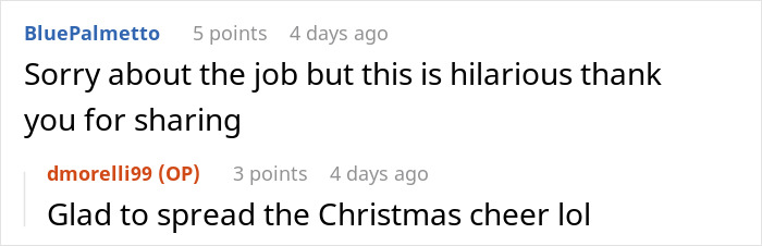 Screenshot of a Reddit conversation about a man blasting Christmas music in the office causing a coworker to rage quit.