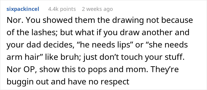 Text excerpt from an online forum discussing a dad &ldquo;fixing&rdquo; his 19-year-old daughter&rsquo;s first real drawing causing frustration.