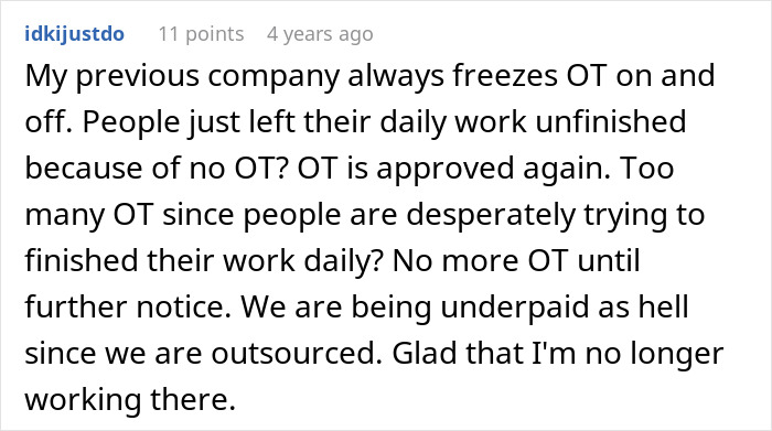 Screenshot of a forum post discussing work conditions, highlighting issues of overtime and underpayment in a company setting. Screenshot of a forum post discussing work conditions, highlighting issues of overtime and underpayment in a company setting.