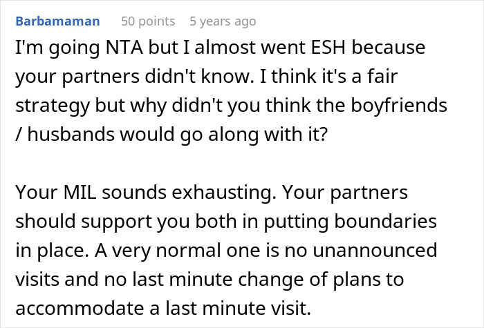 Screenshot of a Reddit comment discussing women pretending not to know about MIL’s surprise visit to set boundaries. Screenshot of a Reddit comment discussing women pretending not to know about MIL’s surprise visit to set boundaries.