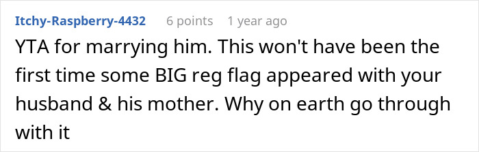 Comment discussing a mother-in-law choosing a white dress for her son's wedding and bride's reaction online.