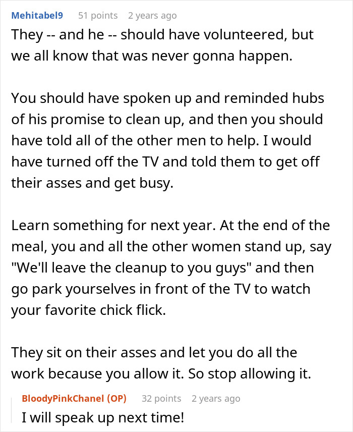 Screenshot of a Reddit comment discussing hubby backing out of deal to help clean up after Thanksgiving meal. Screenshot of a Reddit comment discussing hubby backing out of deal to help clean up after Thanksgiving meal.