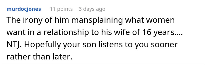Reddit comment about dad giving teen son outdated dating advice while wife steps in to stop the lesson. Reddit comment about dad giving teen son outdated dating advice while wife steps in to stop the lesson.
