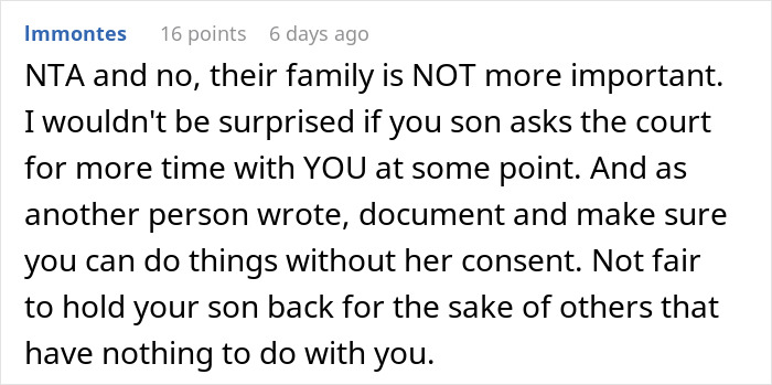 Comment discussing drama as dad tries to protect son’s gift from ex’s new family in a tense online forum. Comment discussing drama as dad tries to protect son’s gift from ex’s new family in a tense online forum.