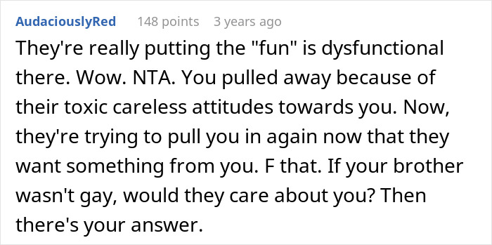 Comment discussing a gay brother's toxic behavior and parents disowning him for treating his sister poorly. Comment discussing a gay brother's toxic behavior and parents disowning him for treating his sister poorly.