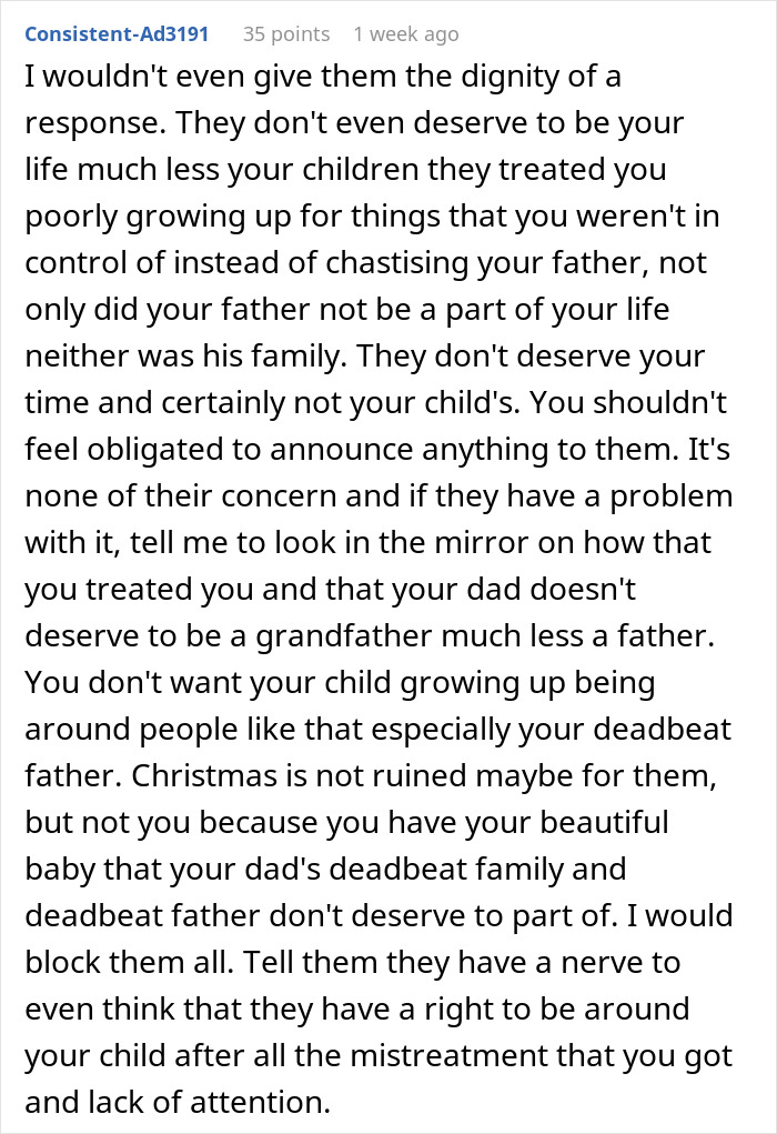 Commenter advises 23YO new mom to block religious family after they slam her for keeping baby a secret and mistreatment concerns.
