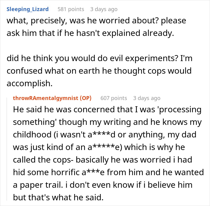 Screenshot of an online conversation where a woman explains her boyfriend called the police over her novel’s contents. Screenshot of an online conversation where a woman explains her boyfriend called the police over her novel’s contents.