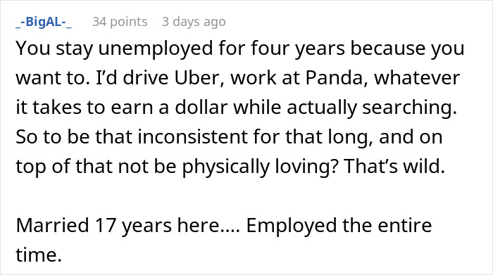 Comment discussing challenges with an unemployed husband and how to pay bills while staying financially responsible.
